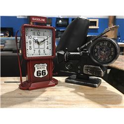 METAL DIRECTORS CAMERA STYLE CLOCK AND METAL ROUTE 66 CLOCK