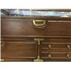 Image 2 : WOOD DRESSER WITH BRASS ACCENTS (APPROX 60" W) SOME WEAR & SCRATCHES PRESENT