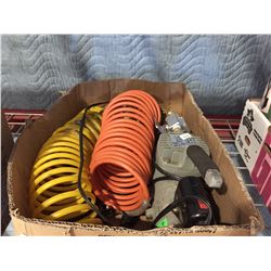 BOX OF ASSTD AIR COMPRESSOR TOOLS & HOSES