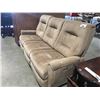 Image 1 : MODERN STYLE 3-CUSHION LIGHT BROWN COUCH WITH 2 POWER RECLINER ENDS (APPROX 77" X 28")