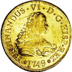 Ferdinand VI gold 4 Escudos 1749-J, Bust right/Crowned Ferdinand VI gold 4 Escudos 1749-J,
