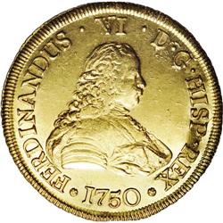 Ferdinand VI gold 8 Escudos 1750-J, Bust right/Crowned Ferdinand VI gold 8 Escudos 1750-J,