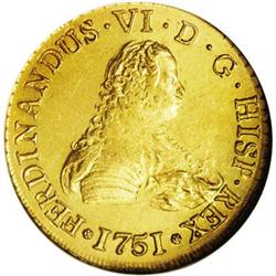 Ferdinand VI gold 8 Escudos 1751-J, Bust right/Crowned Ferdinand VI gold 8 Escudos 1751-J,