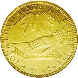 Republic gold 8 Escudos 1838IJ, Hand on Book/Arms, KM93 Republic gold 8 Escudos 1838IJ,