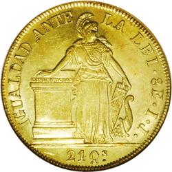 Republic gold 8 Escudos 1842IJ, Liberty standing at alt Republic gold 8 Escudos 1842IJ,