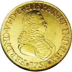 Ferdinand VI gold 8 Escudos 1757 NR-J, Bust right/Arms, Ferdinand VI gold 8 Escudos 1757 NR-J,