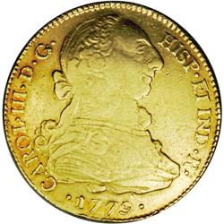 Charles III gold 4 Escudos 1779 P-SF, Bust right/ Arms, Charles III gold 4 Escudos 1779 P-SF,
