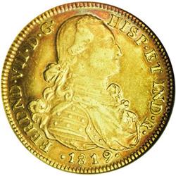 Ferdinand VII gold 8 Escudos 1819/20 NR-JF, Bust right/ Ferdinand VII gold 8 Escudos 1819/20 NR-JF,