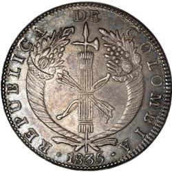 Republic of Colombia 8 Reales 1835, KM89, lustrous AU w Republic of Colombia 8 Reales 1835,