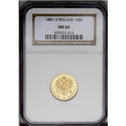 Russian Duchy gold 10 Markkaa 1881S, KM-8.2, MS64 NGC. Russian Duchy gold 10 Markkaa 1881S,
