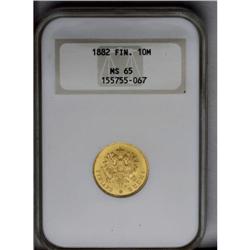 Russian Duchy gold 10 Markkaa 1882S, KM-8.2, MS65 NGC. Russian Duchy gold 10 Markkaa 1882S,