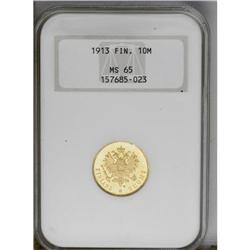 Russian Grand Duchy gold 10 Markkaa 1913-S, KM8.2, MS65 Russian Grand Duchy gold 10 Markkaa 1913-S, 