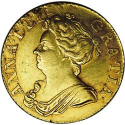 Queen Anne guinea, 1710.S-3574. About XF, heavy adjustm Queen Anne guinea, 1710. 