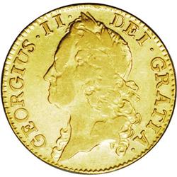 George II guinea, 1745. S-3678. F-VF, a most unusual co George II guinea, 1745. 