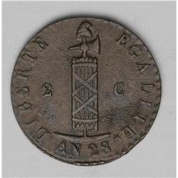 Republic 2 Centimes 1831-An 28, KMA22, choice brown AU- Republic 2 Centimes 1831-An 28, 