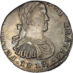 Ferdinand VII Real 1819Zs-AG, KM82.1, AU55 NGC, remarka Ferdinand VII Real 1819Zs-AG, 