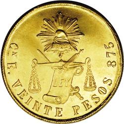 Republic gold 20 Pesos 1870-E Culiacan, KM414.2, MS63 N Republic gold 20 Pesos 1870-E Culiacan, 