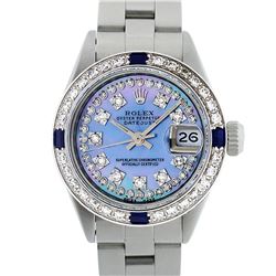Rolex Ladies Stainless Steel Blue MOP Diamond & Sapphire 18K Gold Bezel Watch