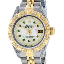 Rolex Ladies 2 Tone 14K MOP Emerald & Pyramid Diamond Diamond Datejust Wriswatch