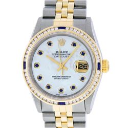 Rolex Mens 2 Tone 14K MOP Sapphire Diamond Channel Set Datejust Wristwatch