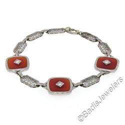 Antique Art Deco 14kt White Gold Carnelian and Diamond Etched Filigree Bracelet