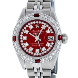 Rolex Ladies Stainless Steel Red Ruby & Diamond Datejust Wristwatch