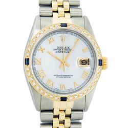 Rolex Mens 2 Tone 14K Mother Of Pearl Diamond & Sapphire 36MM Datejust Wristwatc