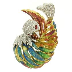 18k Yellow Gold Multi Color Enamel 46 Diamond Peacock Pin Brooch