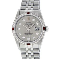 Rolex Mens Stainless Steel Gray Diamond & Ruby Datejust Wristwatch