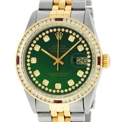 Rolex Mens 2 Tone 14K Green String Diamond & Ruby Diamond Datejust Wristwatch