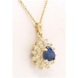 14k Solid Gold Pear Tear Drop ROYAL BLUE Sapphire w/ Double Diamond Halo Pendant