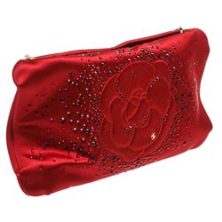 Chanel Red Satin Embellished Camellia Clutch Shoulder Bag