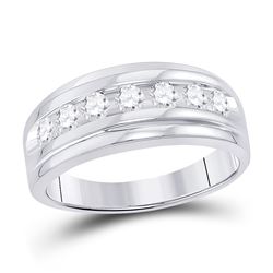 7/8 CTW Mens Round Diamond Wedding Channel-Set Ring 10kt White Gold - REF-63M3A