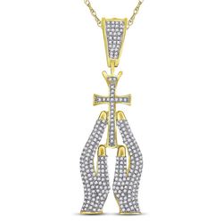7/8 CTW Mens Round Diamond Praying Hands Cross Charm Pendant 10kt Yellow Gold - REF-57X5T