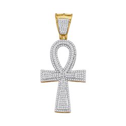 1 CTW Mens Round Diamond Ankh Flared Cross Charm Pendant 10kt Yellow Gold - REF-63X5T