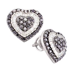 1 & 1/2 CTW Round Black Color Enhanced Diamond Heart Earrings 14kt White Gold - REF-54M3A
