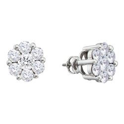 1 & 1/2 CTW Round Diamond Large Flower Cluster Stud Earrings 14kt White Gold - REF-143Y9X