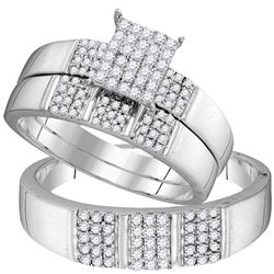 1/2 CTW His & Hers Diamond Square Cluster Matching Bridal Wedding Ring 10kt White Gold - REF-41F9M
