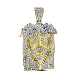 5/8 CTW Mens Round Diamond Jesus Face Charm Pendant 10kt Yellow Gold - REF-69T3K