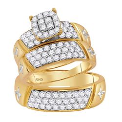 1 & 5/8 CTW His & Hers Round Diamond Cross Matching Bridal Wedding Ring 14kt Yellow Gold - REF-120F3