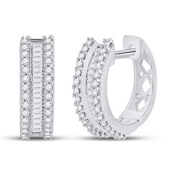 1/2 CTW Round Baguette Diamond Hoop Earrings 10kt White Gold - REF-35M9A