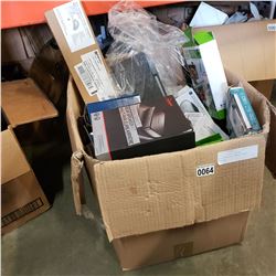 BOX OF STORE RETURN ELECTRONICS, CORDS, SELFY STICKS