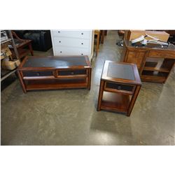 LEATHER TOP COFFEE TABLE AND END TABLE - LEATHER IS DAMAGED