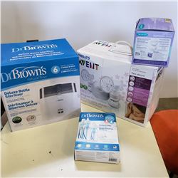 NEW DR BROWNS DELUXE 6 BOTTLE STERILIZER W/BOTTLES AND AVENT DOUBLE ELECTRIC BREAST PUMP TESTED AND 