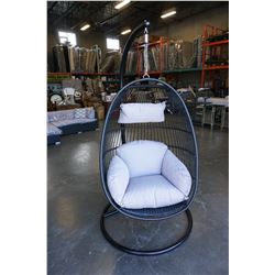 BRAND NEW OUTDOOR MODERN FOLDABLE HANGING CHAIR W/ LIGHT GREY CUSHIONS - RETAIL $949 AND RATED FOR 3