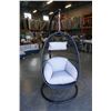 Image 1 : BRAND NEW OUTDOOR MODERN FOLDABLE HANGING CHAIR W/ LIGHT GREY CUSHIONS - RETAIL $949 AND RATED FOR 3