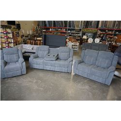 BRAND NEW 3 PIECE FABRIC RECLINING SOFA SET. ROCKER RECLINER, AND SOFA W/ FLIP DOWN CONSOLE - RETAIL