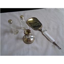 BIRKS STERING HAND MIRROR, CANDLE STICK, AND STERLING AND CRYSTAL SALT AND PEPPER SHAKERS