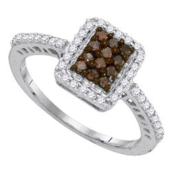 10kt White Gold Round Brown Diamond Rectangle Frame Cluster Ring 1/2 Cttw