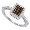 Image 1 : 10kt White Gold Round Brown Diamond Rectangle Frame Cluster Ring 1/2 Cttw